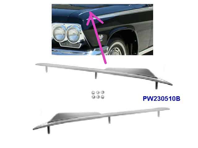 62 Chev Belair / Impala Front Fender TOP moldings (pr)